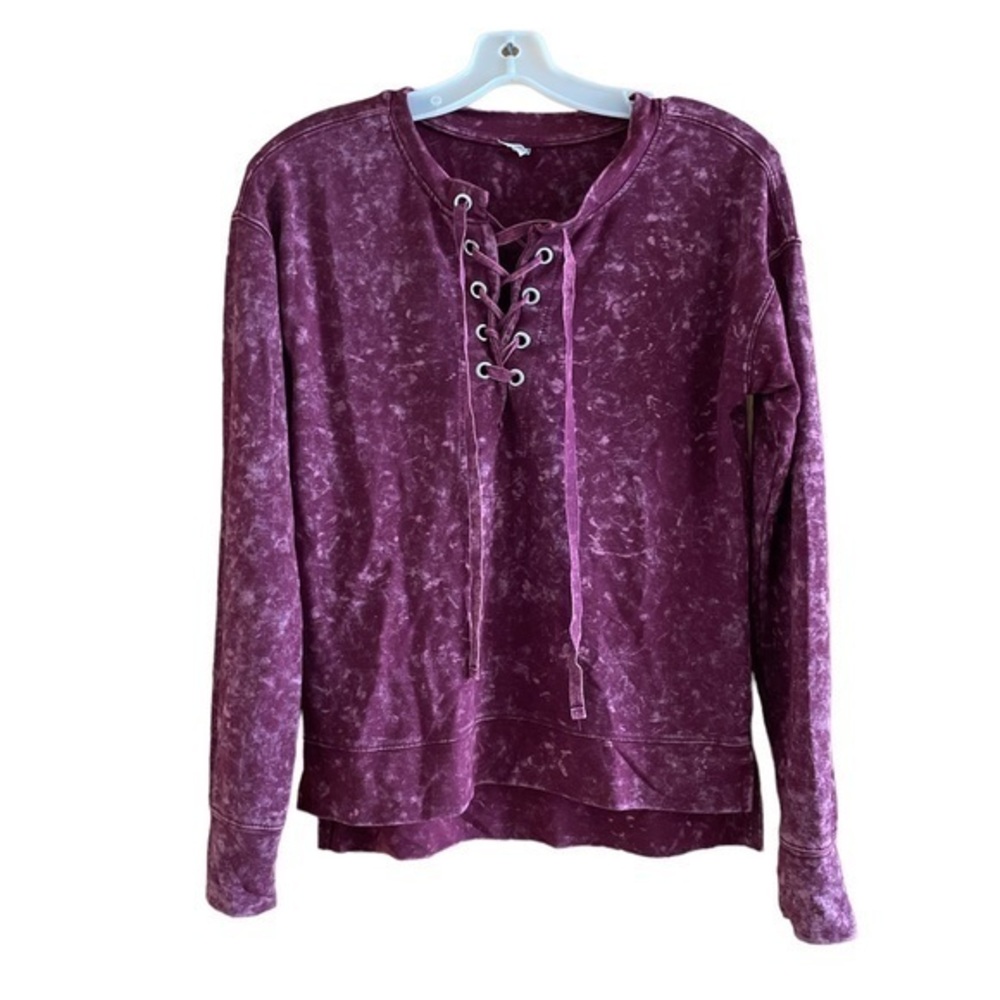 Mudd Lace Up Front Top‎ Y2K Long Sleeve Distressed Wash Grunge Small Burgundy